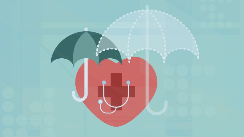 Red medical heart under two teal insurance umbrellas