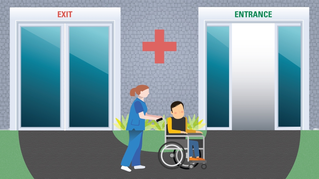 Illustration depicting a hospital patient being quickly readmitted to the same hospital.