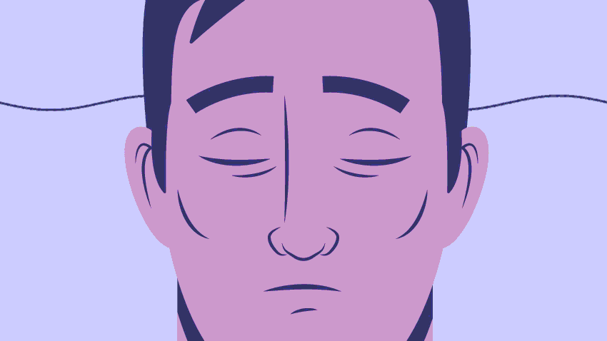 gif of close up face in light purple colors waking up with wavy line behind it