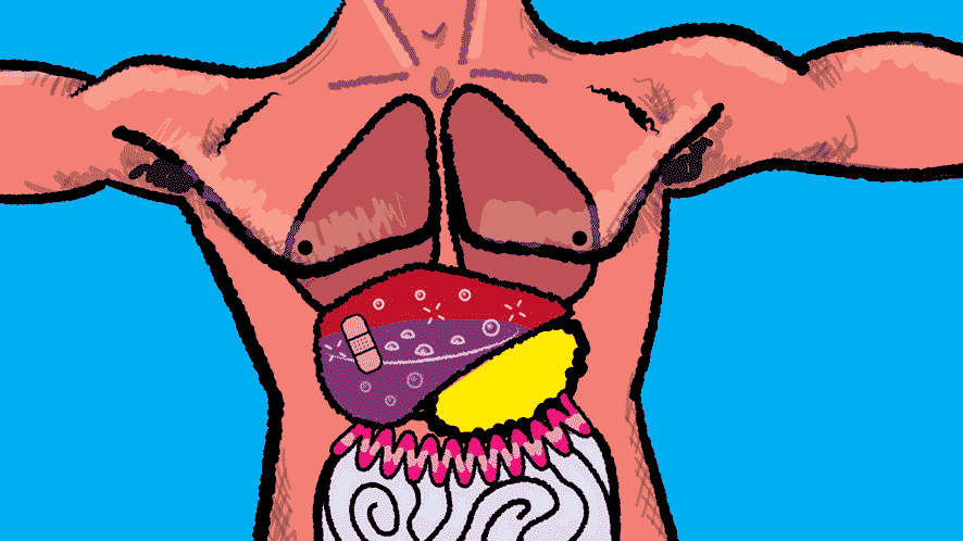 waist up of inside person&#039;s body of their organs with purple liver flashing with red warning lines
