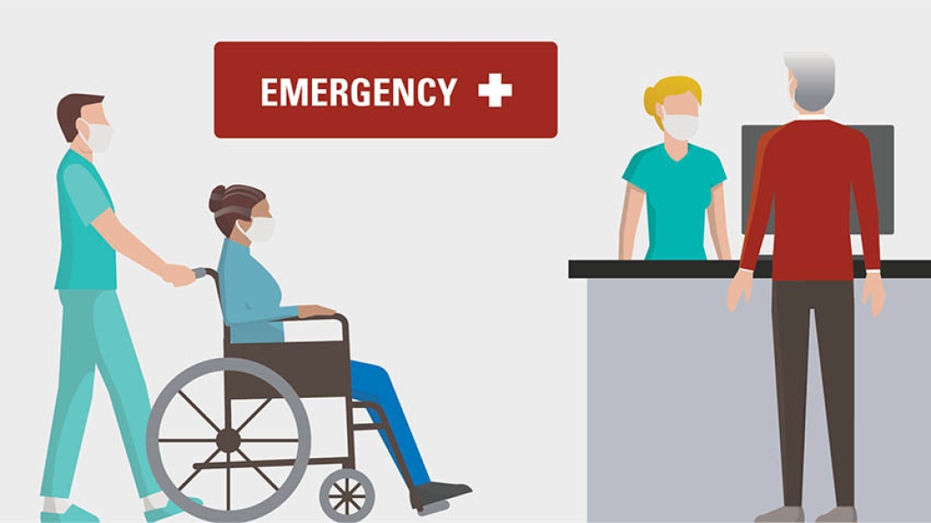 Graphic of a person being pushed in a wheelchair and a second person checking in at the front desk
