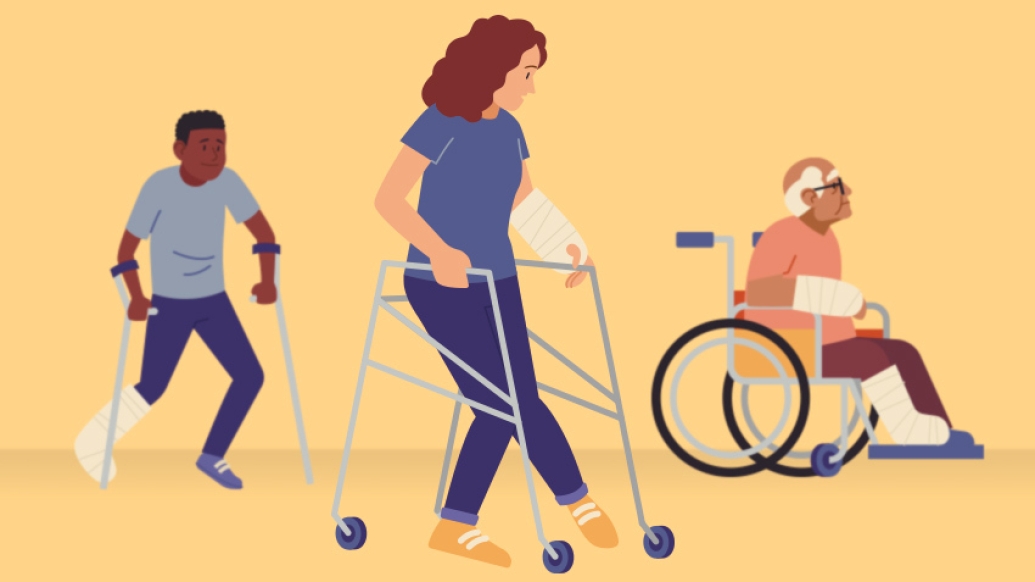 three people walking around with crutches or in wheelchair with broken bones on yellow background