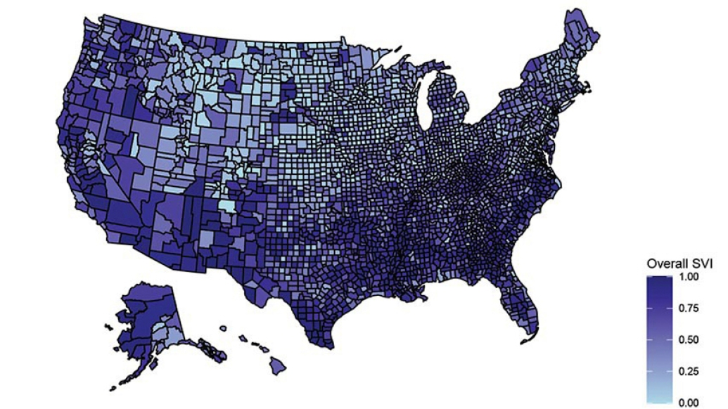 COVID map of cases by county in the USA in blue