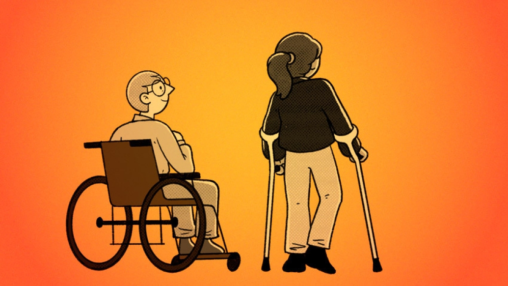 two people one with wheelchair one with walking canes orange background see back of them 