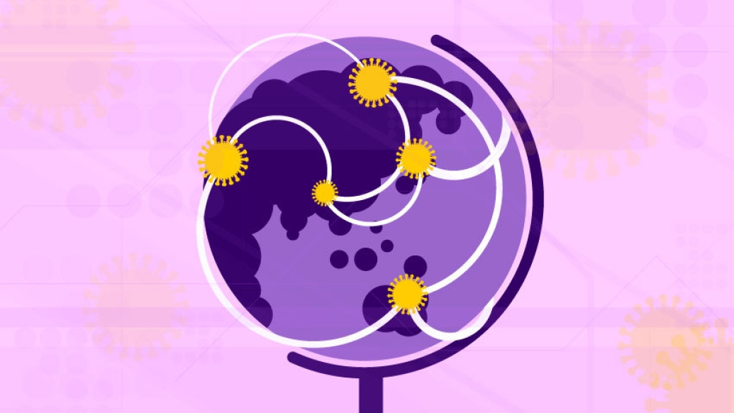 purple globe with orange dots on the map