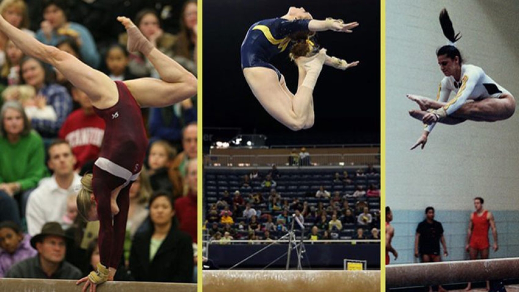 Gymnast performing at events in three photos