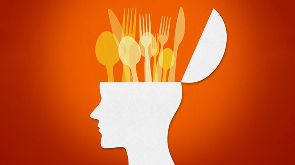 head with silverware coming out yellow red background