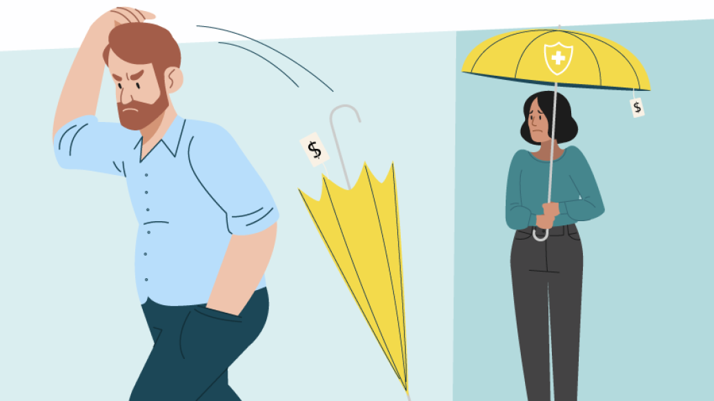 man mad throwing umbrella away and woman looking worried from a distance with an umbrella
