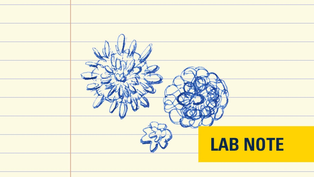 bacteria viruses drawn in blue ink on lined paper with yellow badge with words &quot;lab note&quot; in blue