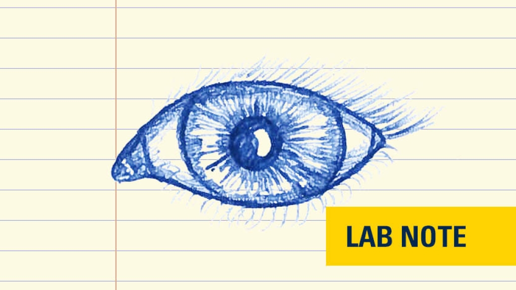 blue ink drawing of an eye on lined notepad paper with yellow badge saying lab note