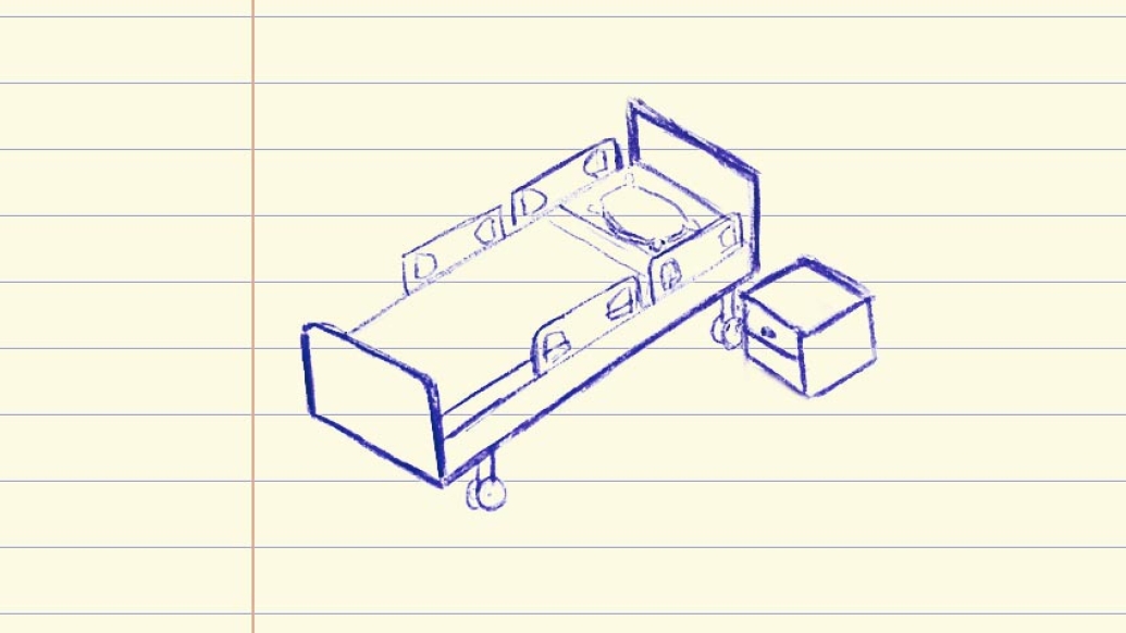 Drawing of hospital bed on notebook paper