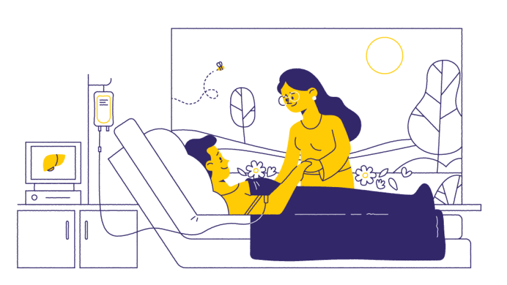 drawing of yellow man in bed and yellow wife standing over him holding hand with navy accents