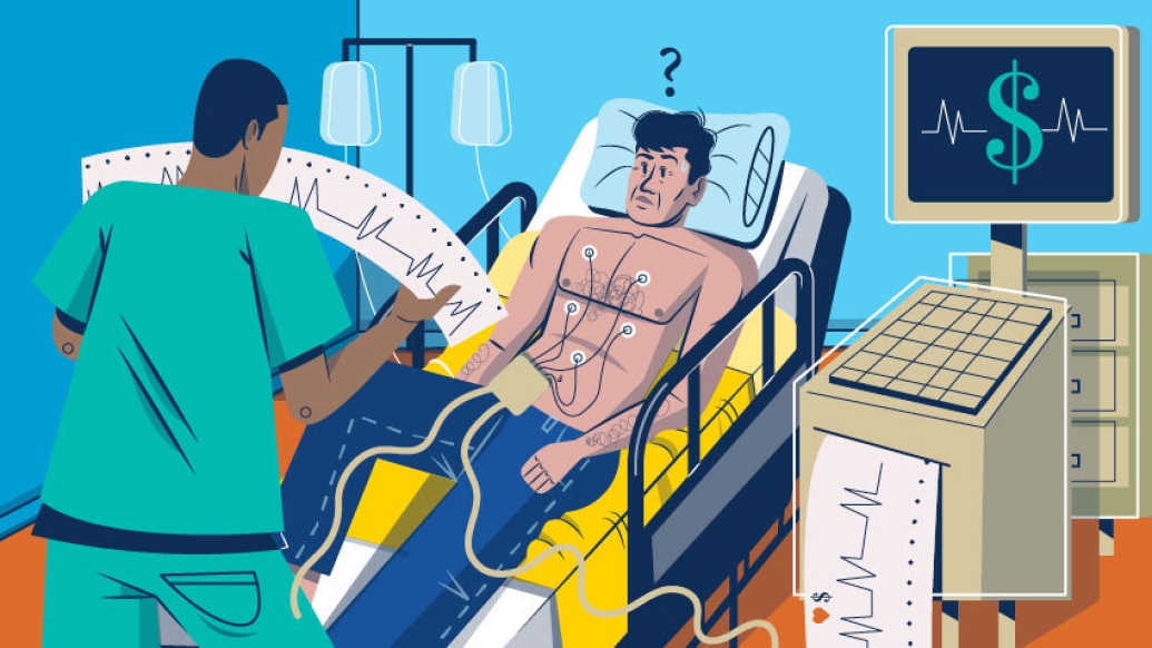 nurse standing infront of man on hospital bed with dollar signs on paper and computer