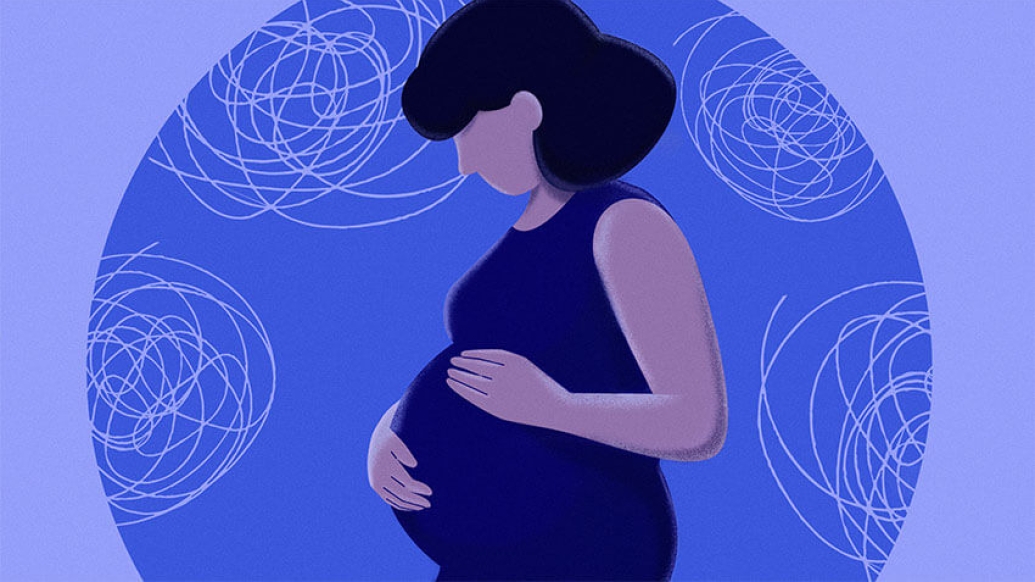 Pregnant woman holding her stomach looking down, surrounded by blue spirals