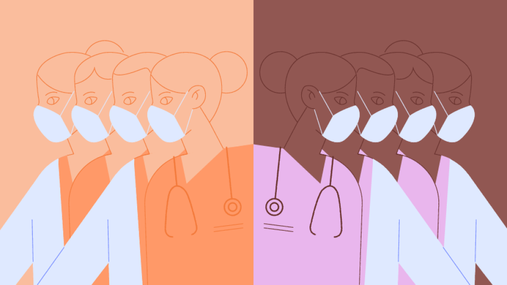 drawings of white doctors on one side in peach and white coats and then Black doctors on other side in pink and white coats. 