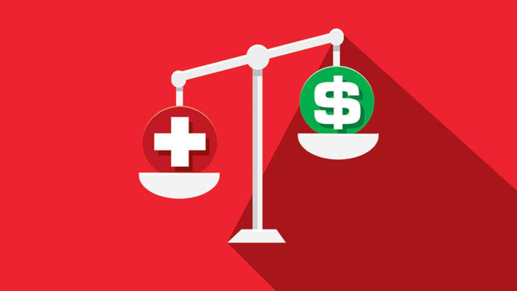 Scales healthcare money on a weigh scale with red background