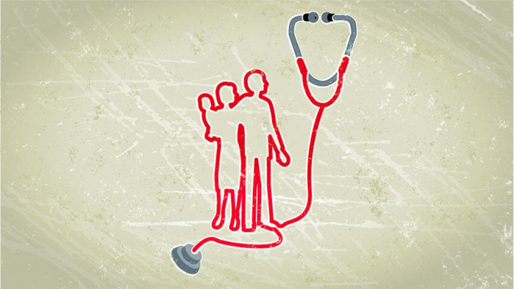 Stethoscope next to outline of family in red texture grit