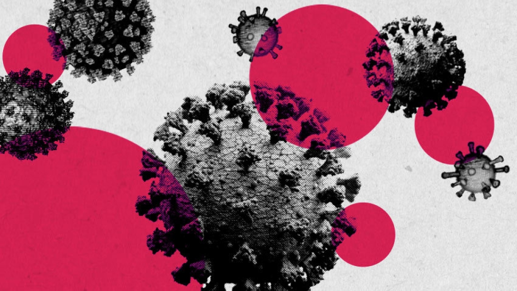spiky coronavirus in grey/black and white floating around with pink circles floating with it 