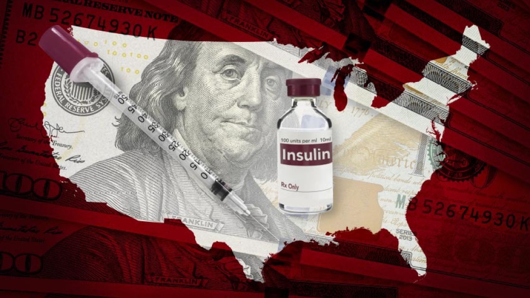 state of US with picture of president and insulin bottle and needle in it