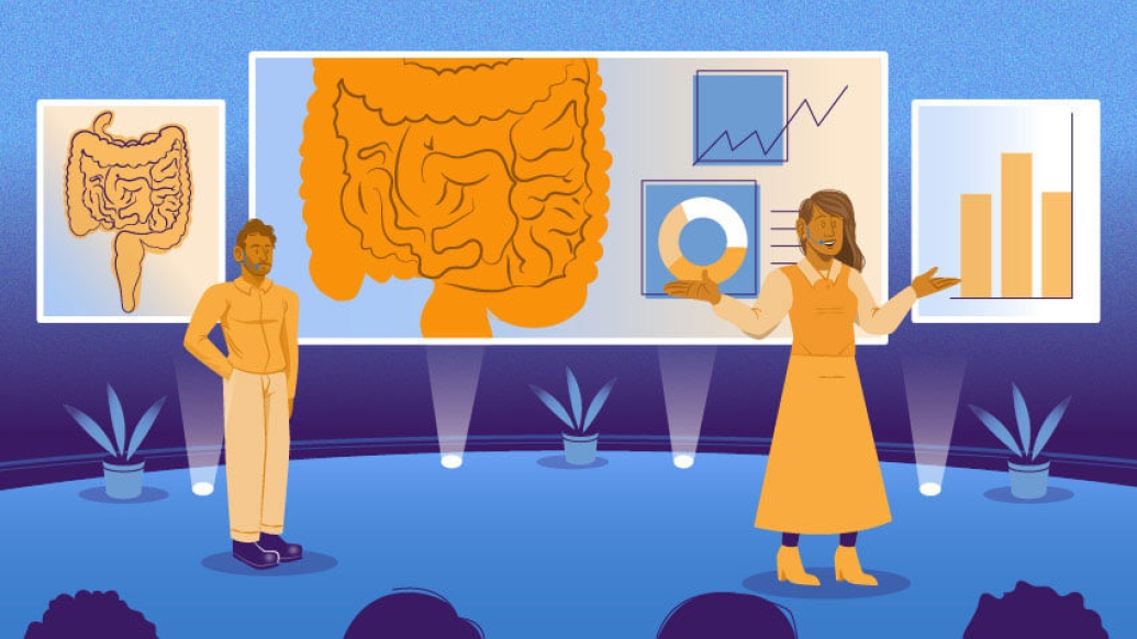 intestine conference man and women standing and talking on blue stage facing people